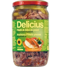 Консервы рыбные Delicius Анчоус филе в подсолнечном масле 700 г (8006460045324): Вес нетто 700 г