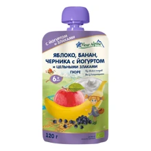 Фруктовое органическое пюре Fleur Alpine Яблоко Банан Черника с Йогуртом 120 г (1284022): Вид Фруктово-йогуртовое