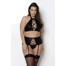 Комплект с имитацией шнуровки Nancy Set black 6XL/7XL - Passion топ, трусики и пояс для чулок: Для кого Для женщин
