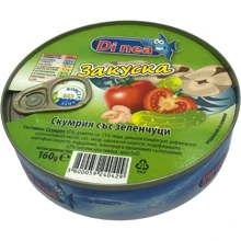 Рыбные консервы Di nea Mackarel Breakfast Скумбрия с овощами 160 г: Вес нетто 160 г