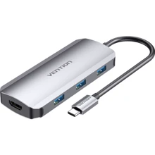 Адаптер Vention Adapter USB-C to HDMI+3xUSB3.0+PD 100W (TODHB): Цвет серебристый