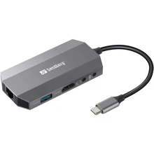 Адаптер Sandberg Adapter 6-in-1 USB-C to HDMI+2xUSB3.0+RJ45+SD+TF PD Grey (136-33): Колір серый