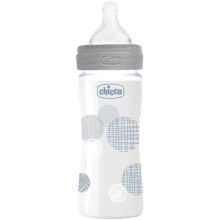 Пляшечка скляна Chicco Well-being Physio Colors із силіконовою соскою 0м+ 240 мл Сіра (28721.30): Матеріал стекло