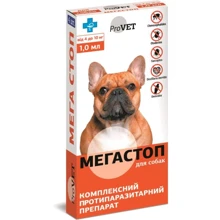 Капли от внешних и внутренних паразитов ProVET Мегастоп для собак массой тела от 4 до 10 кг 4 пипетки по 1.0 мл (4823082409853) Капли от внешних и внутренних паразитов ProVET Мегастоп для собак массой тела от 4 до 10 кг 4 пипетки по 1.0 мл (4823082409853)