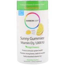 Rainbow Light Sunny Gummies Vitamin D3 1,000 IU 100 Gummies Витамин D3 со вкусом лимона: Тип Витамин D