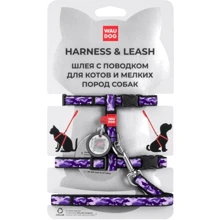 Шлея с поводком для котов WAUDOG Nylon c QR паспортом рисунок Фиолетовый камо пластиковый фастекс Ш 10 мм, В 25-40 см, С 20-30 см (5493): Производитель WAUDOG