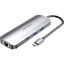 Адаптер Vention Adapter USB-C to HDMI+2xUSB3.0+RJ45+USB-C+SD/TF+3.5mm+PD 100W (TOMHB): Колір серебристый