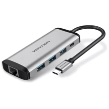 Адаптер Vention Adapter USB-C to 3xUSB3.0+MicroUSB+RJ45 Black (TGPBB): Колір серебристый