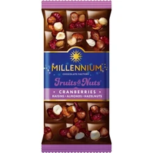 Шоколад Millennium Fruits&Nuts молочний з мигдалем, цілісним лісовим горіхом, журавлиною та родзинками 80 г (5902574395092): Вага, г 80