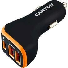 Зарядное устройство Canyon Сar Сharger C-08 USB-C+2xUSB 18W Black/Orange: Особенности Быстрая зарядка, USB-C, Power Delivery (PD)