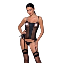 Сетчатый корсет из эко-кожи, с люверсами и съемными пажами Passion Malwia Corset black S/M (стринги в комплекте): Для кого Для женщин