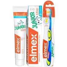 Elmex Junior Зубная паста 75мл + Зубная щетка Elmex для детей мягкая: Назначение Укрепление эмали, Комплексная защита, Для молочных зубов, От зубного налета