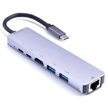 Адаптер Zamax Adapter USB-C to 2xUSB-C+HDMI+2xUSB+RJ45 Silver: Цвет серебристый