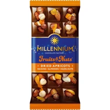 Шоколад Millennium молочний Fruits&Nuts з мигдалем, цілісними лісовими горіхами, курагою та родзинками 80 г (5902574395078): Вага, г 80