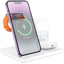 Зарядное устройство Hoco Wireless Charger CQ9 Crown 15W 3in1 White for iPhone 16 I 15 I 14 I 13 I 12 series: Особенности Для Apple Watch, MagSafe