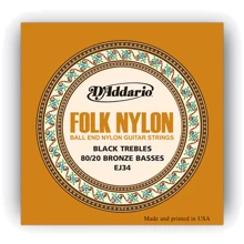 Струна для гитар Струны D`ADDARIO EJ34 FOLK NYLON 80/20 Bronze Ball End Black Treble: Тип Комплект струн