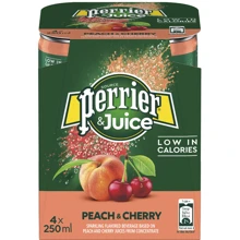 Упаковка напитка сокосодержащего Perrier Peach-Cherry сильногазированного 4х0.25 л (7613039337127_4): Объем, л 1
