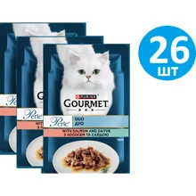 Влажный корм GOURMET Perle Duo для взрослых кошек мини филе в подливке с лососем и сайдой 26x85 г (8445291188228): Тип Влажный корм