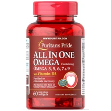 Puritan's Pride All In One Omega 3, 5, 6, 7 & 9 with Vitamin D3 60 Softgels Все в одному Омега 3, 5, 6, 7 і 9 з вітаміном D3: Тип Омега 3-6-9