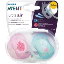 Пустышка для девочки Philips AVENT Ultra Air с декором, 0-6 мес, 2 шт (SCF343/20): Возраст до 6 месяцев