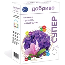 Супер добрива Сімейний сад Магнолія, гортензія, рододендрони 1 кг: Призначення Для садовых цветов, Для рододендронов и азалий, Для гортензий, Для магнолий