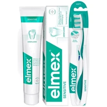 Elmex Sensitive Зубная паста 75мл + Зубная щетка Elmex мягкая: Назначение Укрепление эмали, Укрепление десен, Чувствительные десна