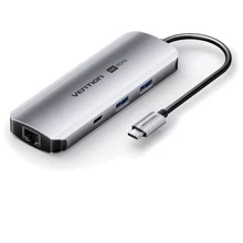 Адаптер Vention Adapter USB-C to RJ45+2xUSB3.0+SD/TF+USB-C+HDMI+3.5mm+PD 100W (TQMHB): Цвет серебристый