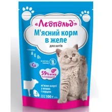 Вологий корм для кішок Леопольд М'ясний корм Асорті з ягням і серцем в желе 100 г х 24 шт. (4820185491709-24): Тип вологий корм