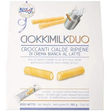 Трубочки вафельные Bussy Ciokkimilkduo с молочным кремом 160 г (8012819908028): Вес нетто 160 г
