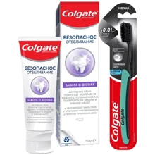 Colgate Зубная паста Безопасное отбеливание Забота о деснах 75 мл + Зубная щетка Colgate Шелковые нити с древесным углем мягкая: Назначение Чувствительные зубы, Чувствительные десна, Укрепление десен, От кровоточивости десен, Комплексная за