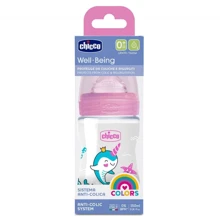 Пляшечка для годування пластикова Chicco Well-being Physio Colors із силіконовою соскою 0м+ 150 мл Рожева (28611.10): Матеріал пластик