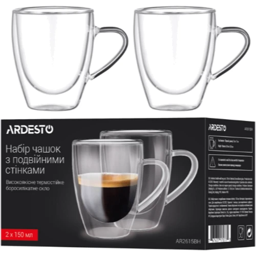 Набор чашек Ardesto с ручками и двойными стенками 150 мл 2 шт. (AR2615BH)