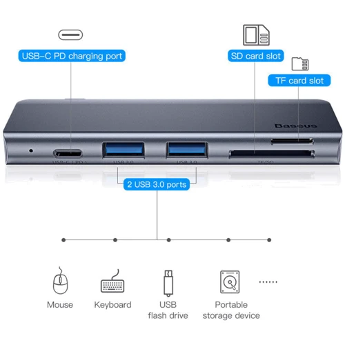 Адаптер Baseus Adapter USB-C to 2xUSB3.0+USB-C+microSD+SD HUB Grey (CAHUB-K0G): Колір сірий