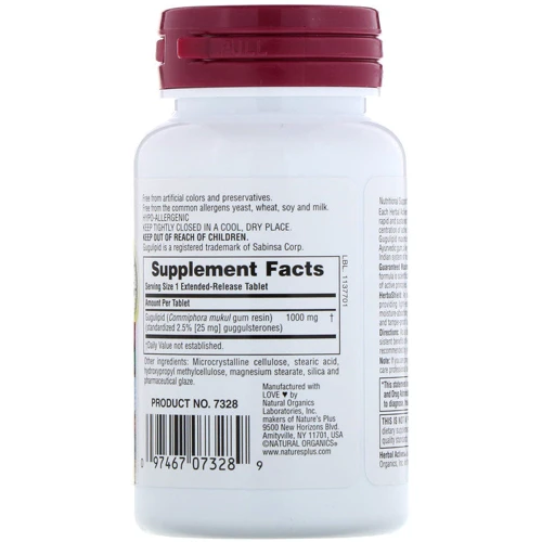 Nature's Plus, Herbal Actives, Gugulipid, Extended Release, 1,000 mg, 30 Vegetarian Tablets (NAP-07328): Форма выпуска Таблетки