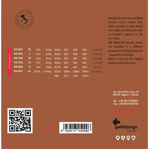 Струна для гітар Струни для акустичної гітари Gallistrings RA1152 LIGHT SPECIAL: Призначення Для акустической гитары