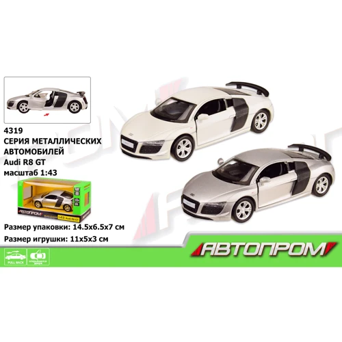 Машина метал 4319 АВТОПРОМ, 1:43 AUDI R8 GT, 2 кольори, откр.двері, 14,5x6,5x7см: Виробник АВТОПРОМ