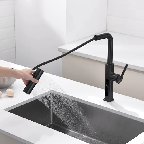 Смеситель для кухни Lefton Waterfall & Pull-Out Kitchen Faucet with Temperature Display-KF2209 Matt Black: Длина излива, см 21.5