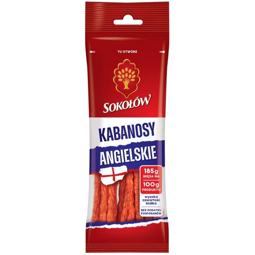 Мясные снеки Sokolow Kabanosy Английские из свинины с добавлением бекона 70 г (5900562633607)