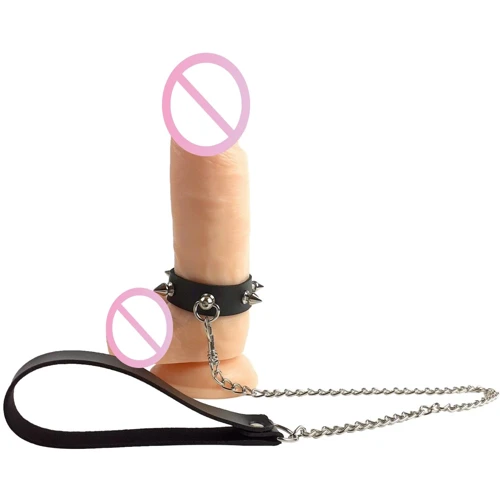 Кольцо для пениса Penis Ring с шипами и поводком, натуральная кожа