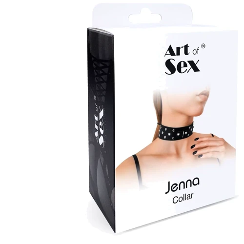 Ошейник из натуральной кожи с заклепками и стразами Art of Sex - Jenna Collar, черный
