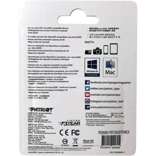 Карта памяти Patriot 128GB microSDXC Class 10 UHS-I U3 EP A1 (PEF128GEP31MCX): Класс карты Class 10
