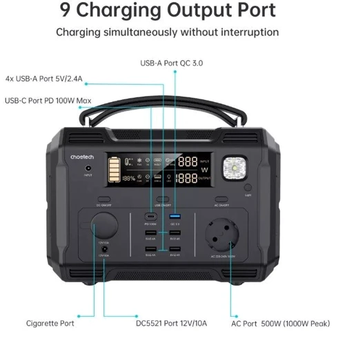 Зарядная станция Choetech 500W 134400mAh 484Wh Black (BS004): Количество USB 6