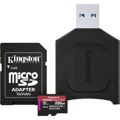 Карта памяти Kingston 256GB microSDXC Class 10 UHS-II U3 V90 A1 Canvas React Plus + SD adapter + USB reader (M1A4-0160R12): Объем 256 ГБ