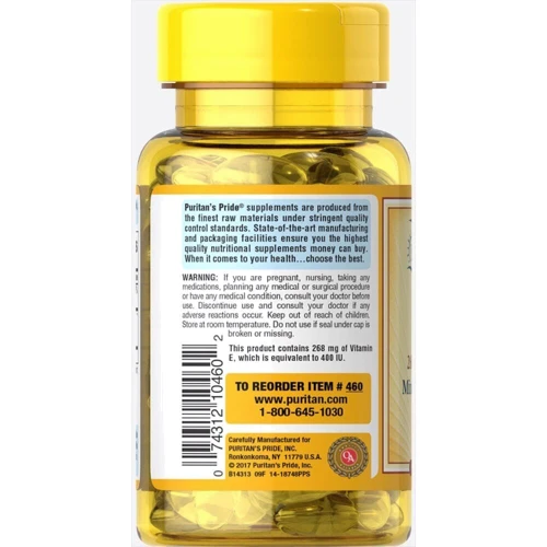 Puritan's Pride Vitamin E-400 iu Mixed Tocopherols Natural 100 caps Витамин Е cмешанные токоферолы: Тип Витамин E