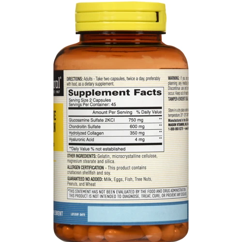 Mason Natural Glucosamine Chondroitin With Collagen & Hyaluronic Acid Глюкозамин, хондроитин с коллагеном и гиалуроновой кислотой 90 капсул: Тип Глюкозамин
