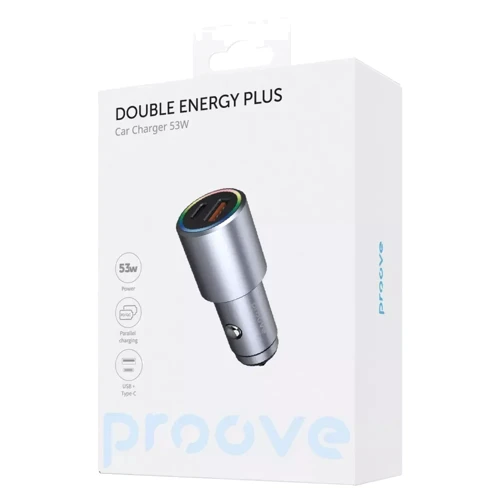 Зарядное устройство Proove Car Charger USB+USB-C Double Energy Plus 53W Metal Gray: Особенности Быстрая зарядка, Power Delivery (PD), USB-C