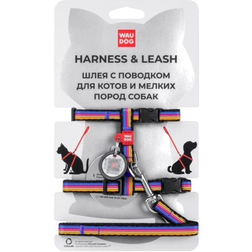 Шлея з повідцем для котів WAUDOG Nylon c QR паспортом малюнок Лінія 1 пластиковий фастекс Ш 10 мм, 25-40 см, З 20-30 см (5484)