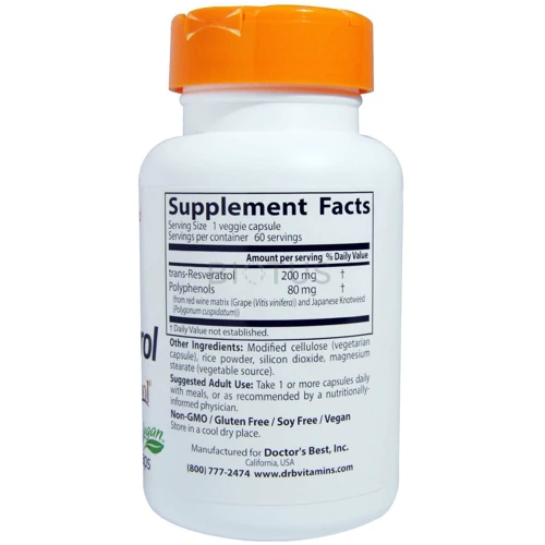 Doctor's Best Best Trans-Resveratrol 200 200 mg 60 Veggie Caps Ресвератрол 200: Тип Ресвератрол