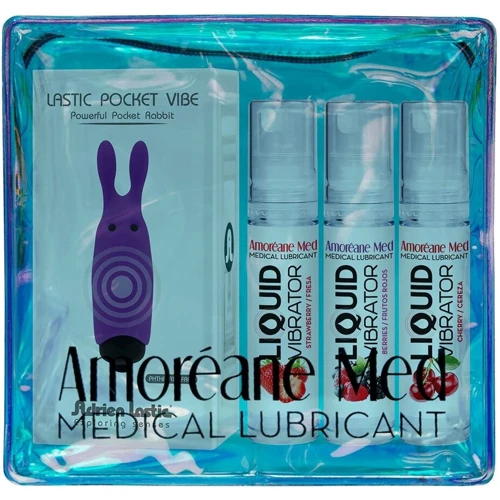 Набор из 3-х вкусов стимулирующего лубриканта Amoreane Med (3х10мл) и вибропули Adrien Lastic Purple