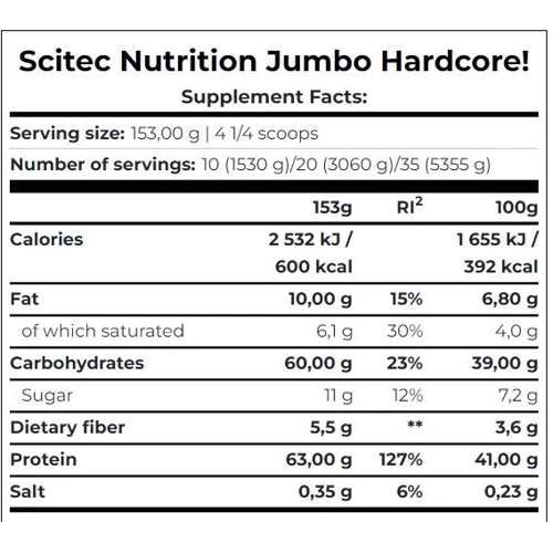 Гейнер Scitec Nutrition Jumbo Hardcore 1530 g /10 servings/chocolate: Вкус Шоколад